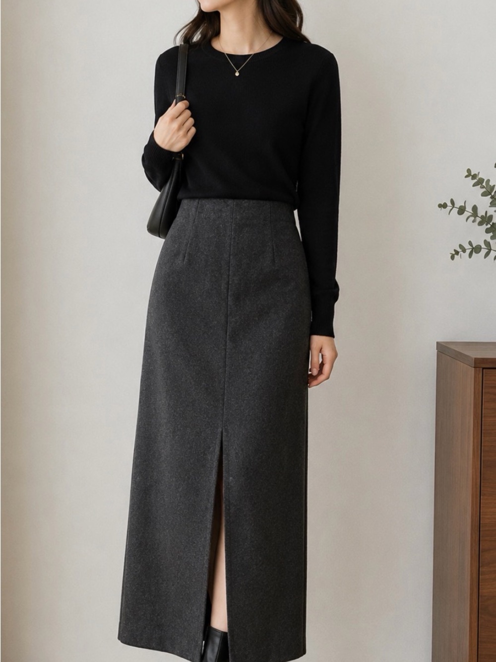 Esprit Charcoal Wool Blend Midi Skirt with Front or Back Slit, EU 36